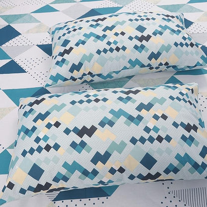 Huesland by Ahmedabad Cotton 186 TC King Size Bedsheet Cotton with 2 Pillow Covers | White, Blue & Beige