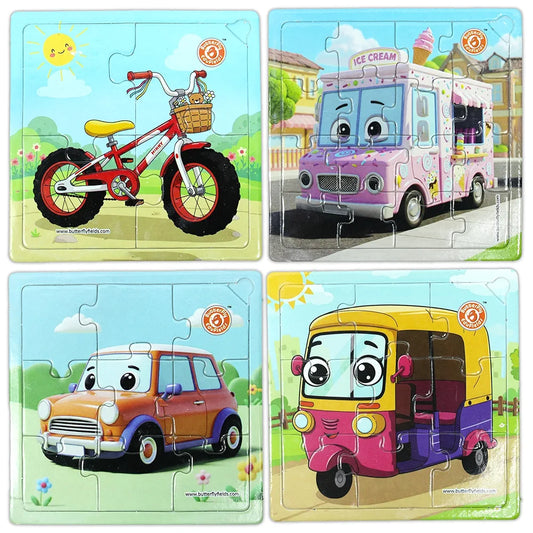 Butterfly EduFields 4-in-1 Vehicles Jigsaw Puzzle Set for Kids Age 3-7 | 38 Pcs Brain-Boosting Puzzle Toy with Coloring Worksheets for Boys & Girls | Preschool Learning