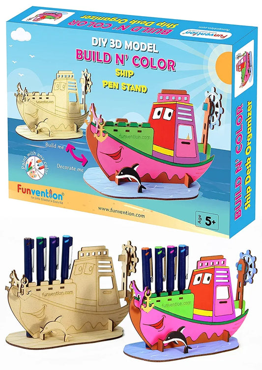 Funvention Ship - 3D Coloring Model - DIY Desk Organizer Pen Stand - STEM Leanring 3D Puzzle Toy - Art, Coloring and Painting Kit for Kids - Birthday Return Gift,3D Mechanical Do IT Yourself Toy