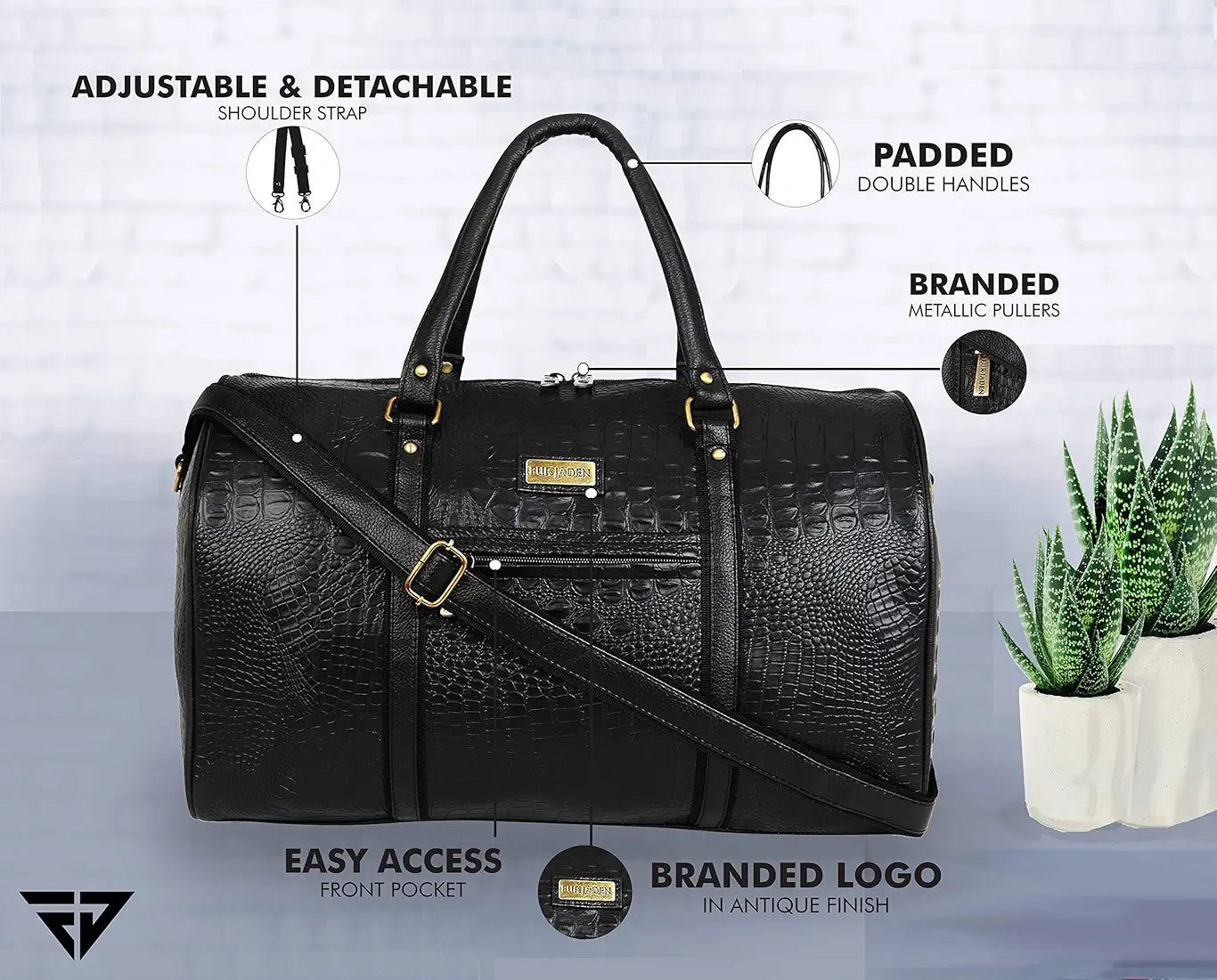 Fur Jaden Black Textured Leatherette Stylish & Spacious Weekender Duffle Bag for Travel for Men and Women