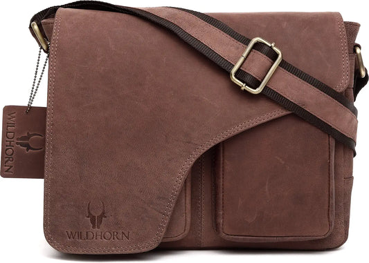 WildHorn�Leather 11 inch Laptop Messenger Bag for Men I Dedicated Laptop Compartment I Adjustable Strap I DIMENSION:L- 11 inch H-9.5 inch W- 3 inch