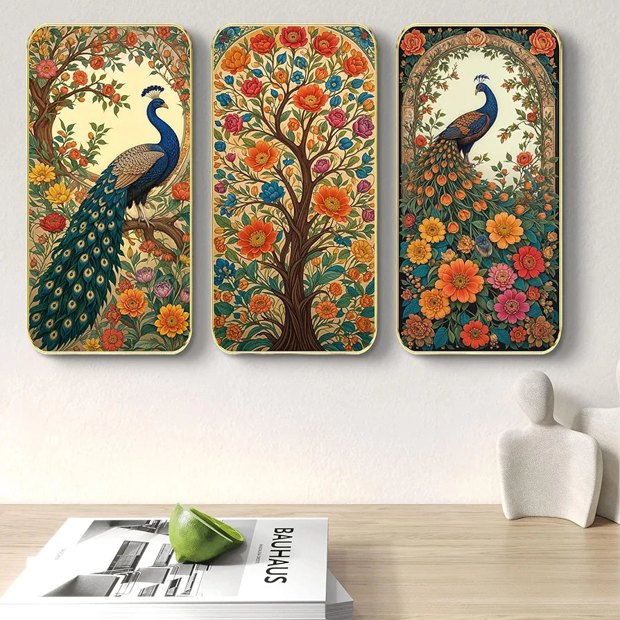 Livin'luxe Set of 3 Peacock Modern Art Boho Painting Premium Framed Laminated Wall Paintings SP-23