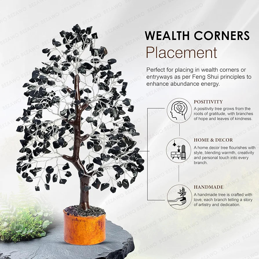 Bezavo Black Tourmaline Crystal Tree – Healing Money Tree for Feng Shui Silver Wire