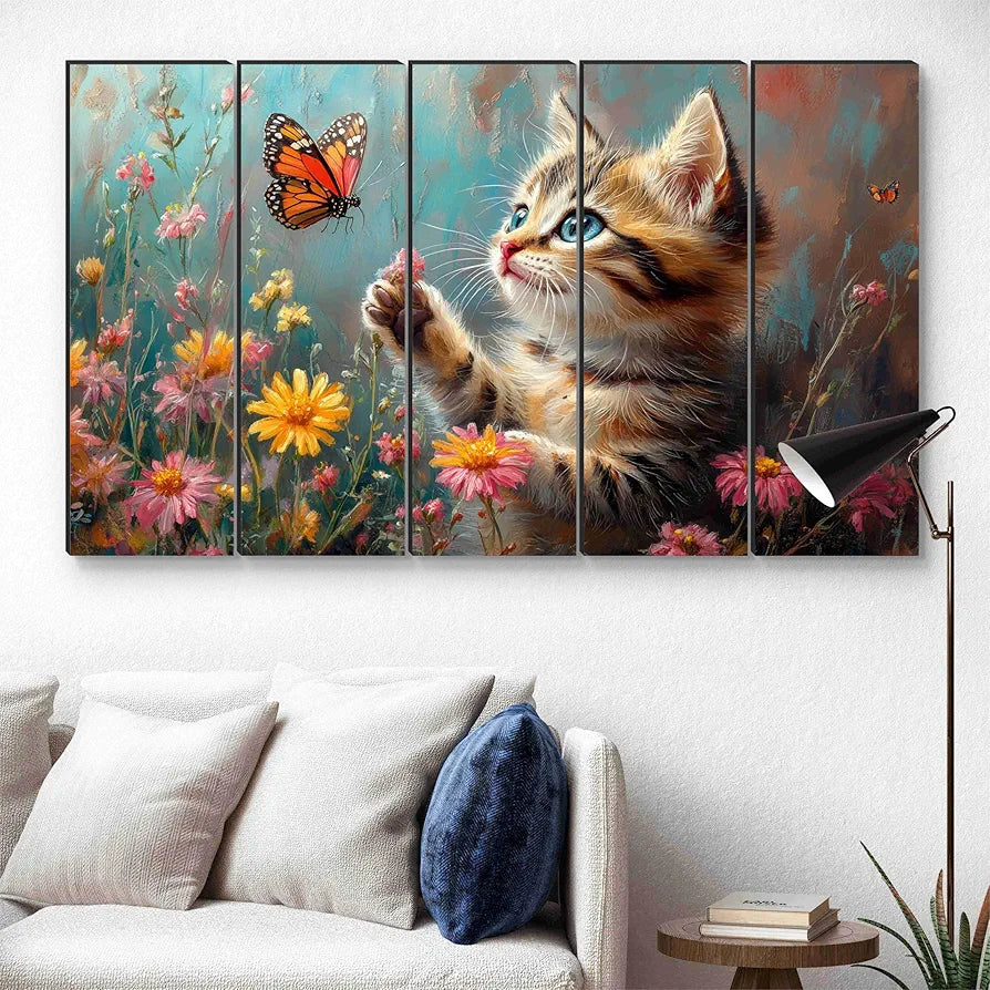 Livin'luxe Cute Kitten Wall Painting Cat & Butterfly Floral Art 5 Panel HD Painting Framed Artwork XL-35433