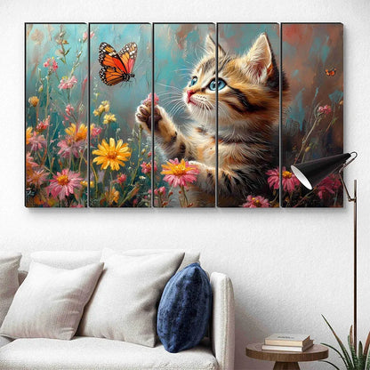 Livin'luxe Cute Kitten Wall Painting Cat & Butterfly Floral Art 5 Panel HD Painting Framed Artwork XL-35433