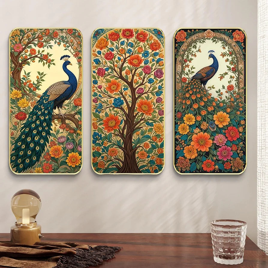 Livin'luxe Set of 3 Peacock Modern Art Boho Painting Premium Framed Laminated Wall Paintings SP-23