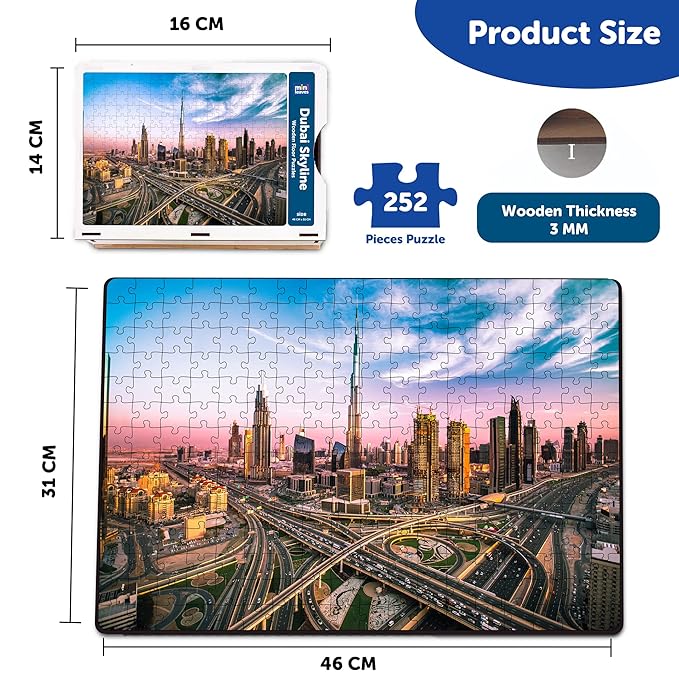 Mini Leaves 252 Piece Wooden Puzzle for Kids & Adults | Dubai Skyline Jigsaw Puzzle | Fun & Challenging Gift for Adults and Kids