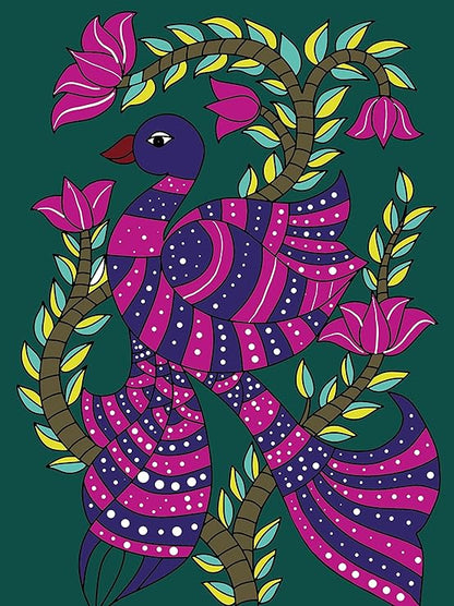 Hobby India Self Painting Beautiful Peacock Canvas - Kalamkari Art | Pre-designed Canvas Board