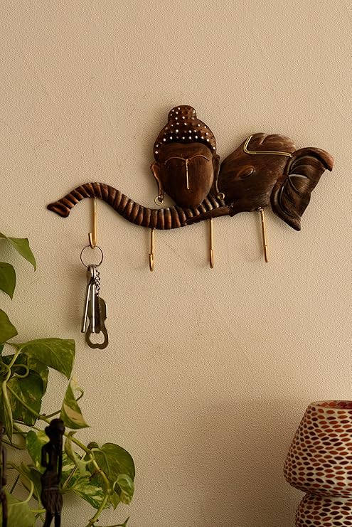 Ecraftindia Buddha Head on Elephant Trunk Wrought Iron Key Holder | Red and Brown