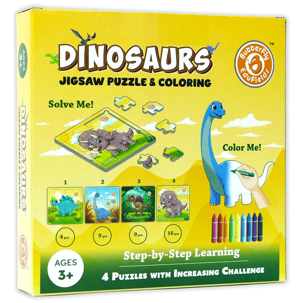 Butterfly EduFields 4-in-1 Dinosaur Jigsaw Puzzle Set for Kids | 38 Pcs Brain Boosting Puzzle Toy for Boys & Girls Age 3 4 5 6 7 | Preschool Learning with Coloring Sheets | Dino Gift for Kids