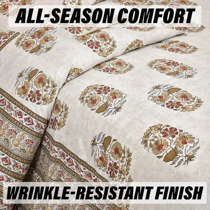 Kuber Industries Double Bedsheet with 2 Pillow Covers 160 TC Premium Cotton Dezier Flower Boota Beige