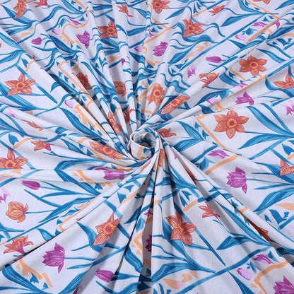 Huesland by Ahmedabad Cotton 144 TC Bedsheet for King Size Bed with 2 Pillow Covers | Botanical Chevron | Blue, Yellow & White