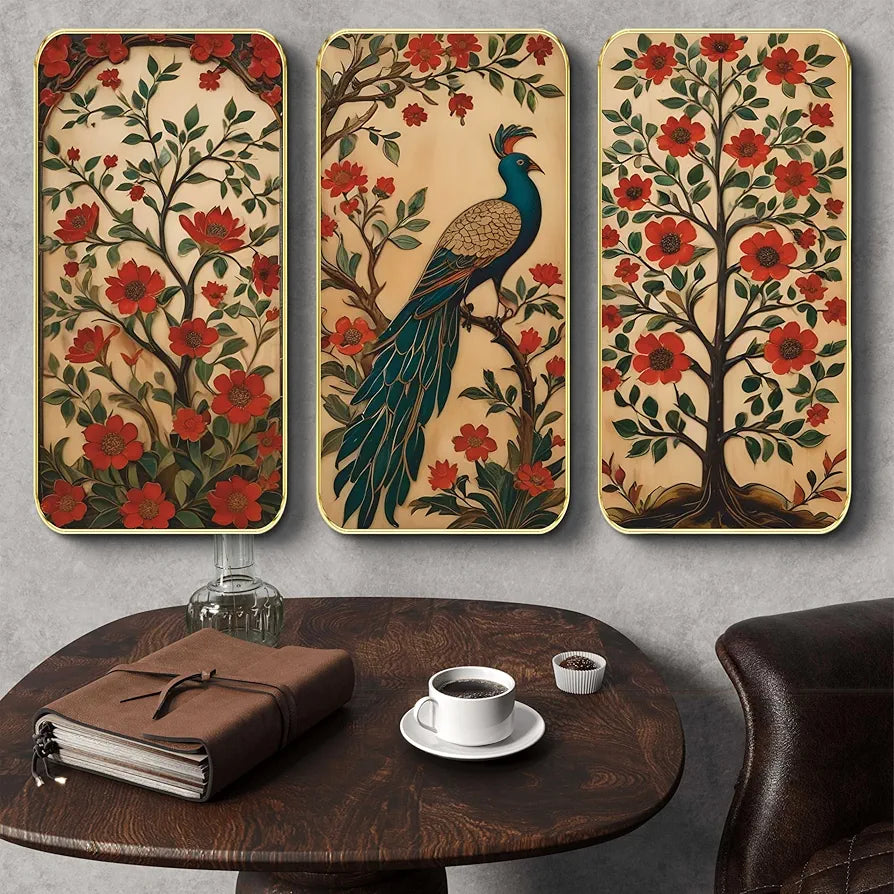 Livin'luxe Set of 3 Peacock Modern Art Boho Painting Premium Framed Laminated Wall Paintings SP-20