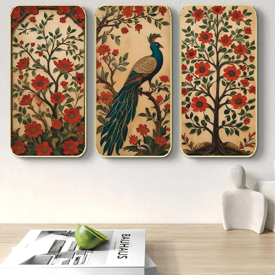 Livin'luxe Set of 3 Peacock Modern Art Boho Painting Premium Framed Laminated Wall Paintings SP-20