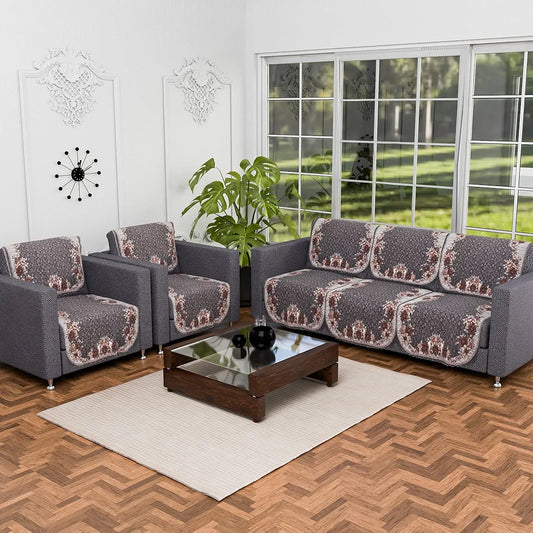 Kuber Industries Set of 10 Anti-Skid Sofa Cover 5-Seater Floral Print Dark Olive Green