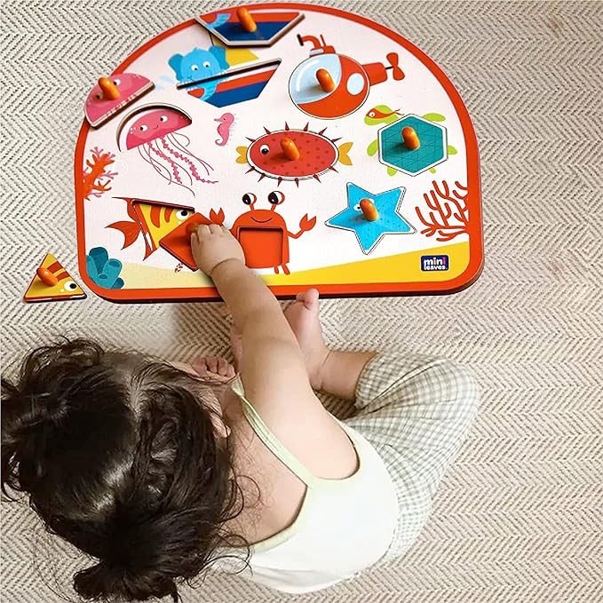 Mini Leaves Sea Treasures Wooden Knob and Peg Puzzle for 2+ Years Kids | Montessori Wooden Toys | Shape Sorter