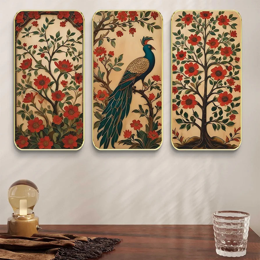 Livin'luxe Set of 3 Peacock Modern Art Boho Painting Premium Framed Laminated Wall Paintings SP-20