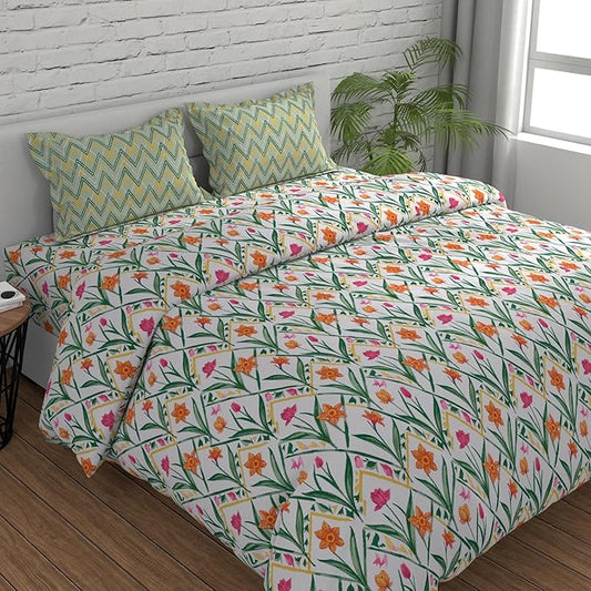 Huesland by Ahmedabad Cotton 144 TC Bedsheet for King Size Bed with 2 Pillow Covers | Botanical Chevron |  Green, Yellow & White