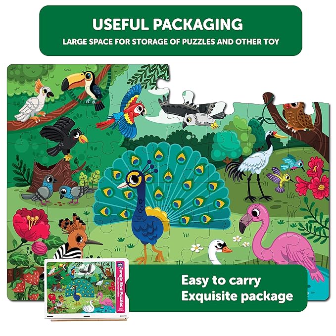 Mini Leaves 48 Piece Wooden Puzzle for Kids & Adults | Jungle Birds Jigsaw Puzzle | Fun & Challenging Floor Wooden Puzzle Game