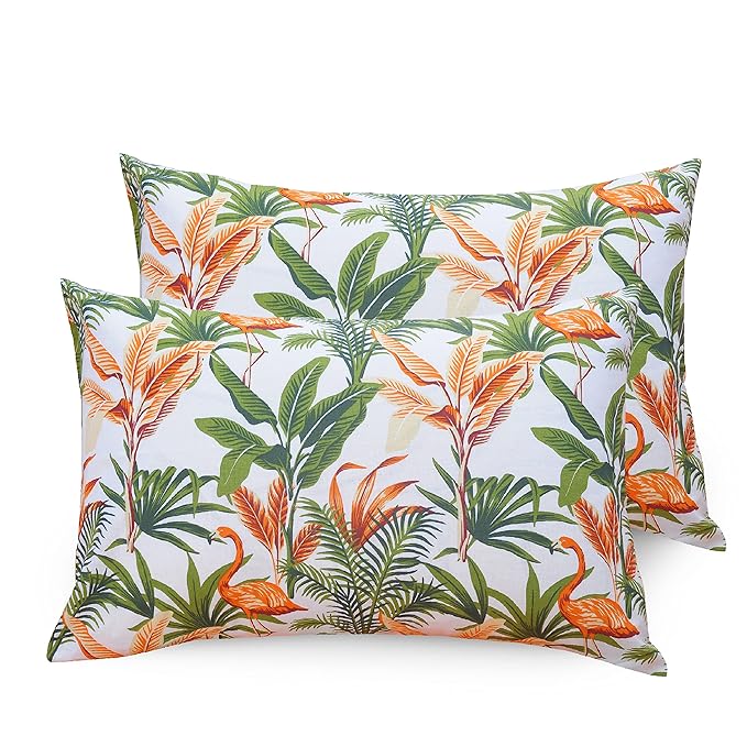Huesland by Ahmedabad Cotton 144 TC King Size Bedsheet Cotton with 2 Pillow Covers | Stripes & Flamingos Orange & Green