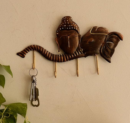 Ecraftindia Buddha Head on Elephant Trunk Wrought Iron Key Holder | Red and Brown