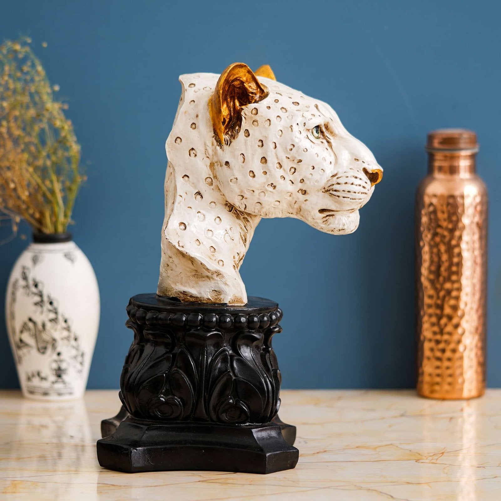 Handmade Lioness Head Statue Stone Finish Animal Figurines Gifts Antique Design for Home Decoration(White)