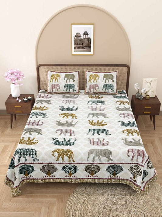 100% Pure Cotton Traditional Printed Bedsheet for Double Bed King Size Bedsheet with 2 Pillow Covers