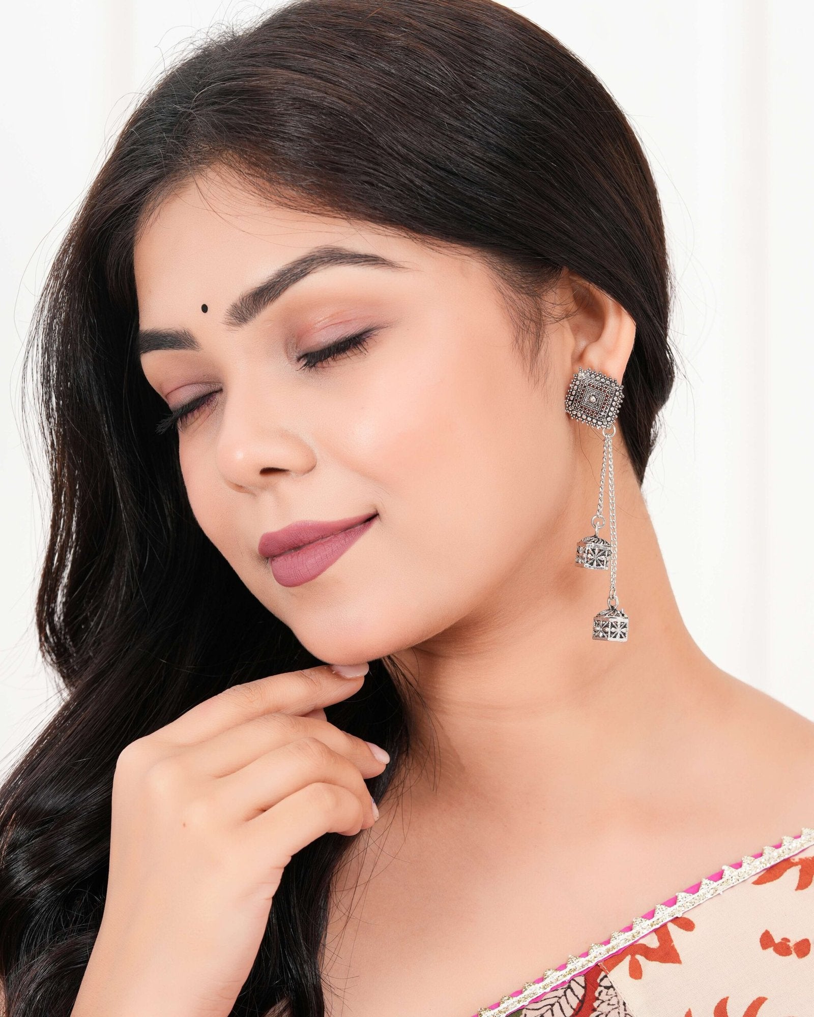 Women’s Silver Circle Long Two AZ838-OXidised Unique Western Earrings for Women Party Wear