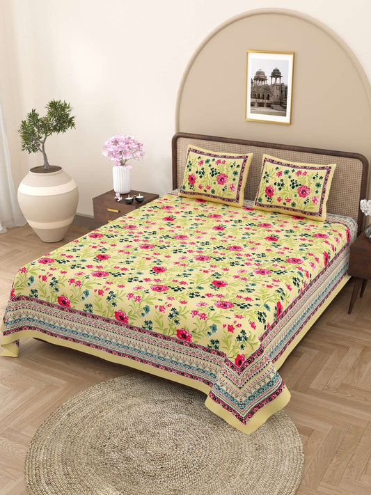 100% Pure Cotton Traditional Printed Bedsheet for Double Bed King Size Bedsheet with 2 Pillow Covers