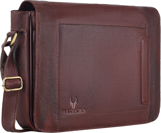 WildHorn Leather Messenger Bag for Men/Office Bag for Men | Fits Upto 15.6 Inch Laptop/MacBook | Laptop Bag/Leather Bag for Men I Dimension : L-16 inch W-3.5 inch H-12 inch