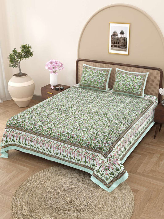 100% Pure Cotton Traditional Printed Bedsheet for Double Bed King Size Bedsheet with 2 Pillow Covers