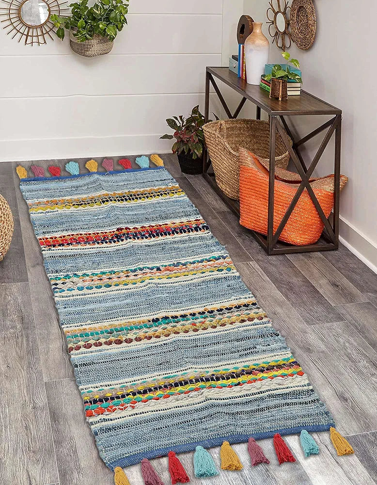 The Home Talk Cotton Chindi Rug Denim Weived Carpets for Bathroom Entrance Door Denim Blue