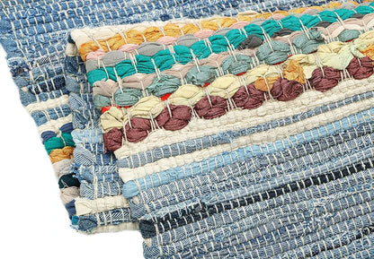 The Home Talk Cotton Chindi Rug Denim Weived Carpets for Bathroom Entrance Door Denim Blue