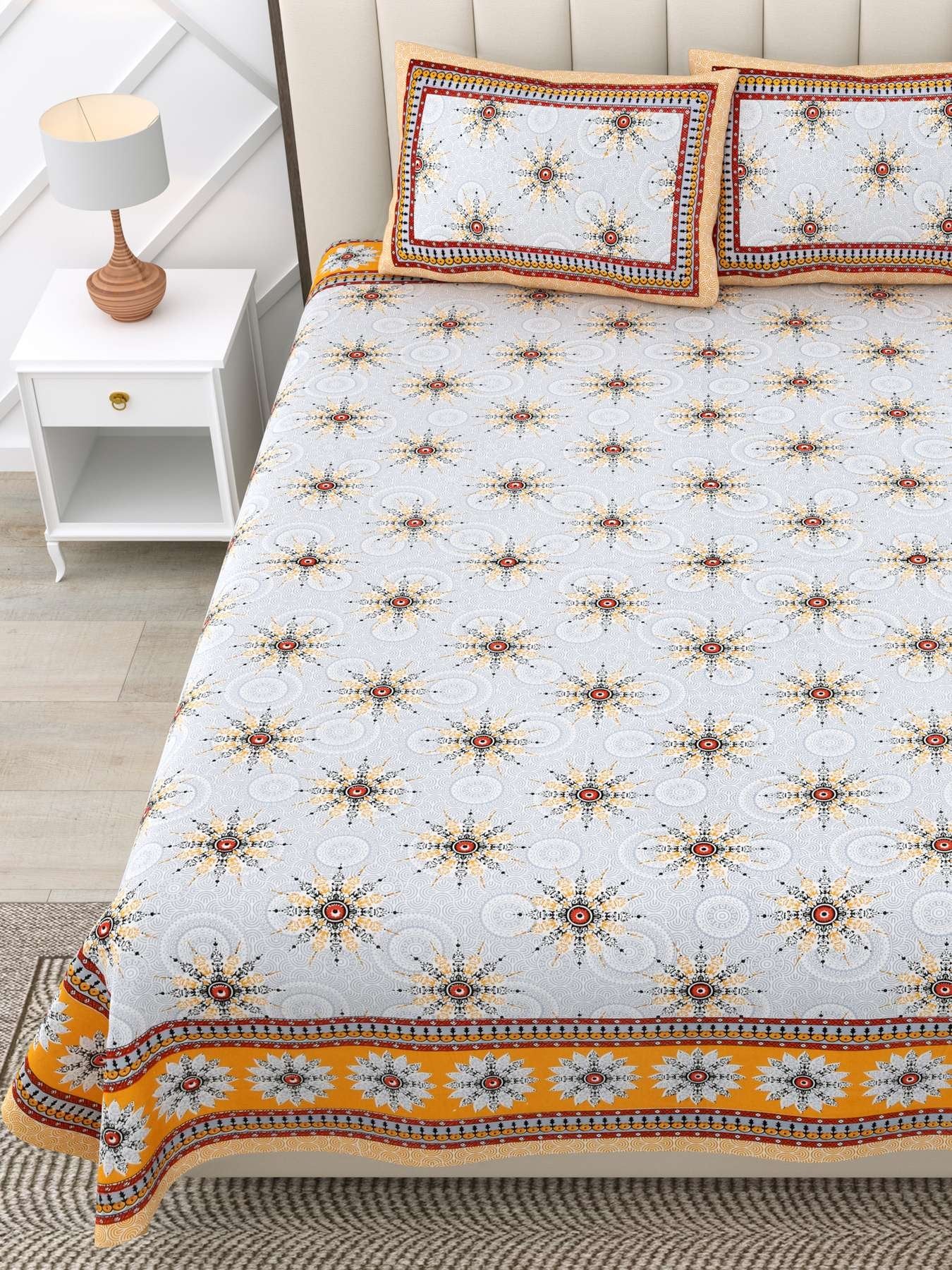 100% Pure Cotton Traditional Printed Bedsheet for Double Bed King Size Bedsheet with 2 Pillow Covers