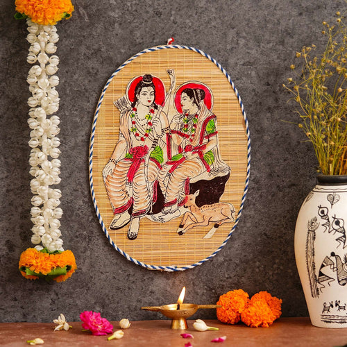 Oval Shaped Design Bamboo Hand Crafted Wall Hangings Of Shri Ram Ji With Janaki Ji For Home D’cor | Bamboo Art For Wall Decor
