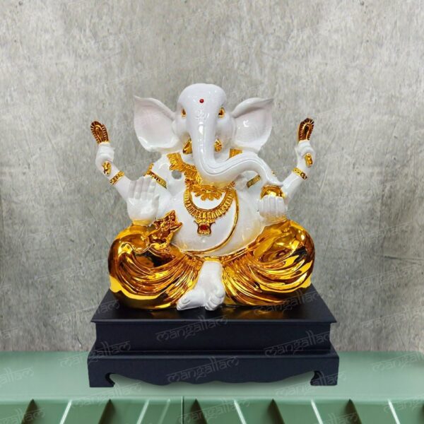 Svastika Gold Plated Lord Ganesha Idol With Wooden Base