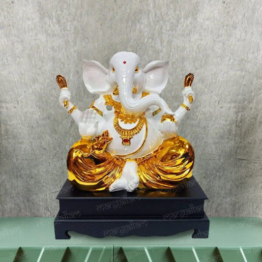 Svastika Gold Plated Lord Ganesha Idol With Wooden Base
