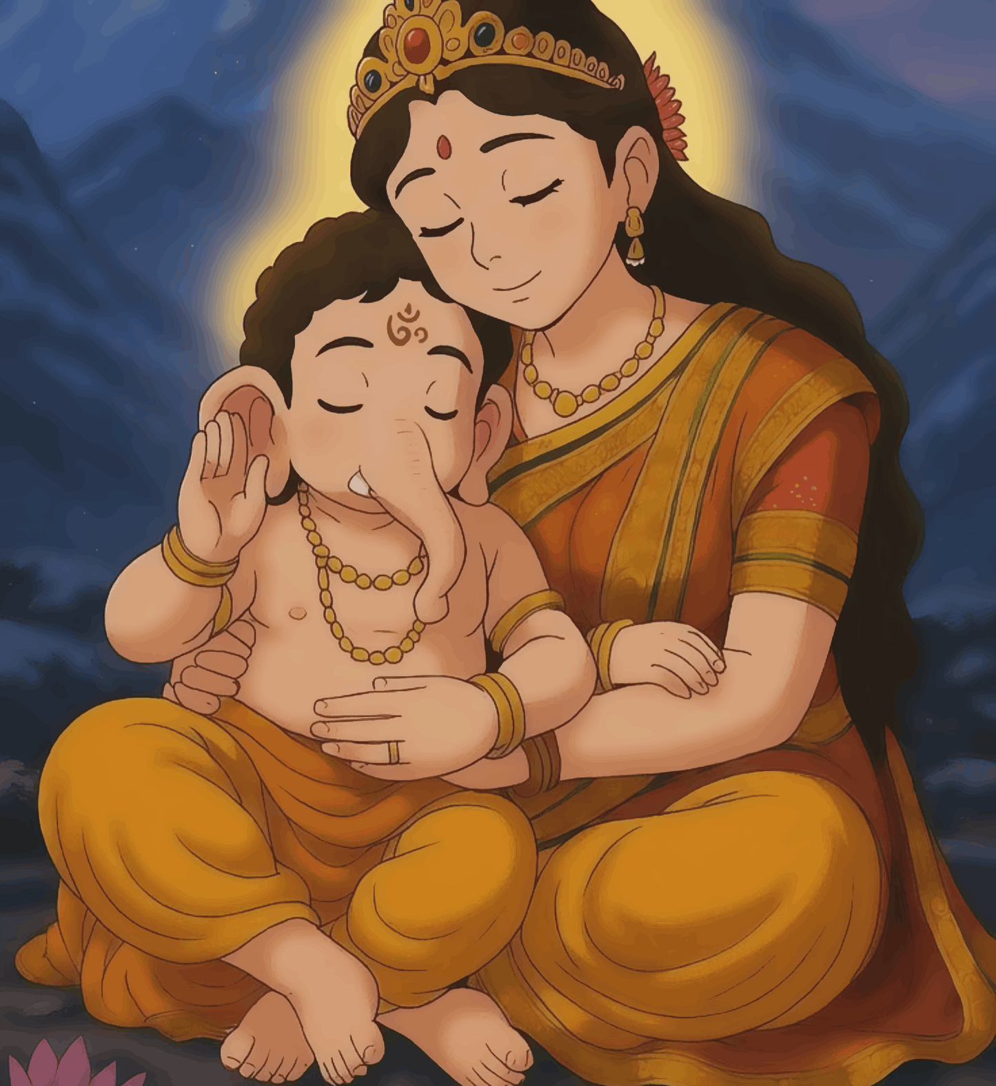 Baby Ganesha with Maa Parvati - Ghibli Edition
