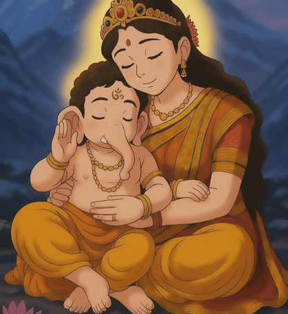 Baby Ganesha with Maa Parvati - Ghibli Edition