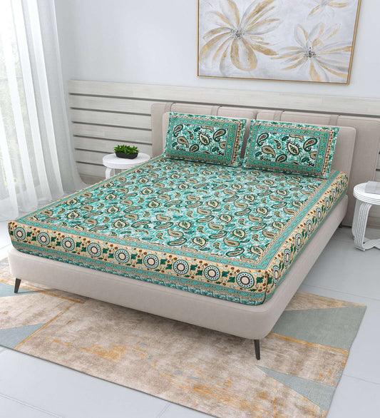 100% Pure Cotton Traditional Printed Bedsheet for Double Bed King Size Bedsheet with 2 Pillow Covers