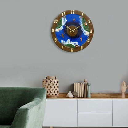 Exquisite Wooden Handmade Wall Clock Ocen Blue ith Green And White Printed Acrylic Wall Clock For Home & Office Decorative Big Size Clock (16 Inch)