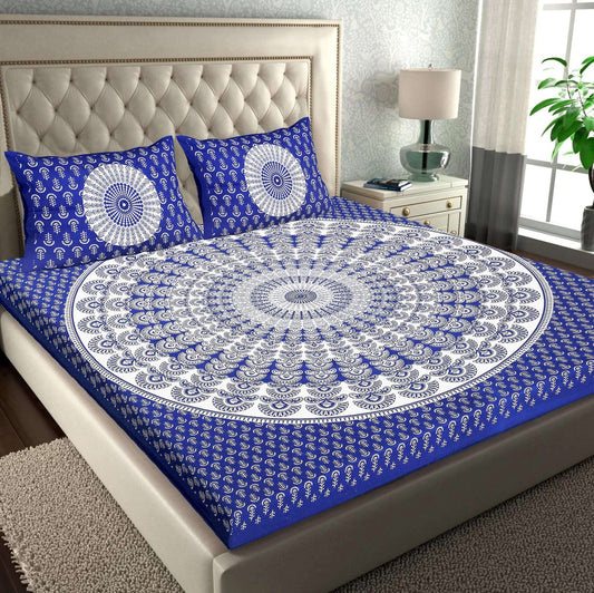100% Pure Cotton Traditional Printed Bedsheet for Double Bed King Size Bedsheet with 2 Pillow Covers