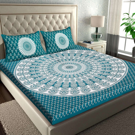 100% Pure Cotton Traditional Printed Bedsheet for Double Bed King Size Bedsheet with 2 Pillow Covers