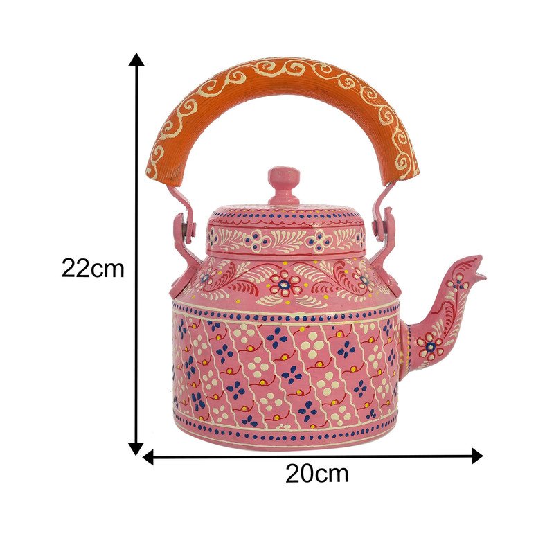 HandPainted Alluminium Pink Tea Kettle with Four Glasses and Wooden Tray For Home Décor , Tea Party , Serving