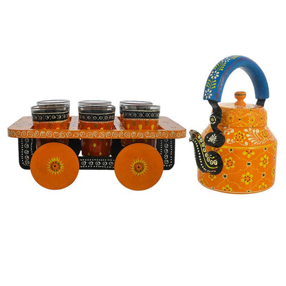 HandPainted Alluminium Tea Kettle with 6 Glasses and Wooden Tray For Home Décor , Tea Party , Serving