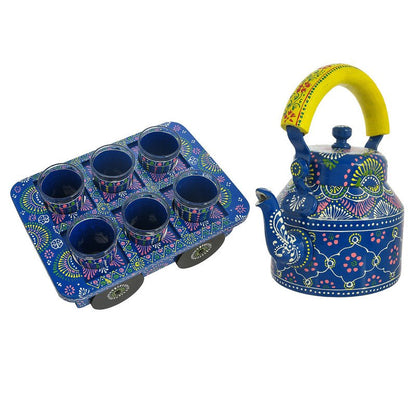 HandPainted Alluminium Tea Kettle with 6 Glasses and Wooden Tray For Home Décor , Tea Party , Serving