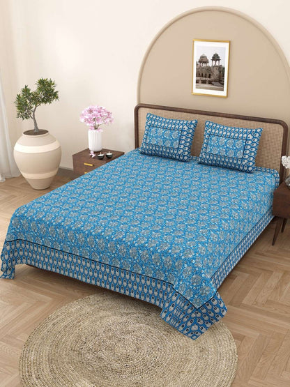 100% Pure Cotton Traditional Printed Bedsheet for Double Bed King Size Bedsheet with 2 Pillow Covers