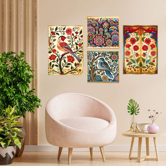 Set of Four Wall Paintings for Wall Dacoration Golden Framed Wall Paintings for Living Room & Bedroom Wall Art for Home Decoration & Office Wall Décor (13×10 inch CH-GD4-5)