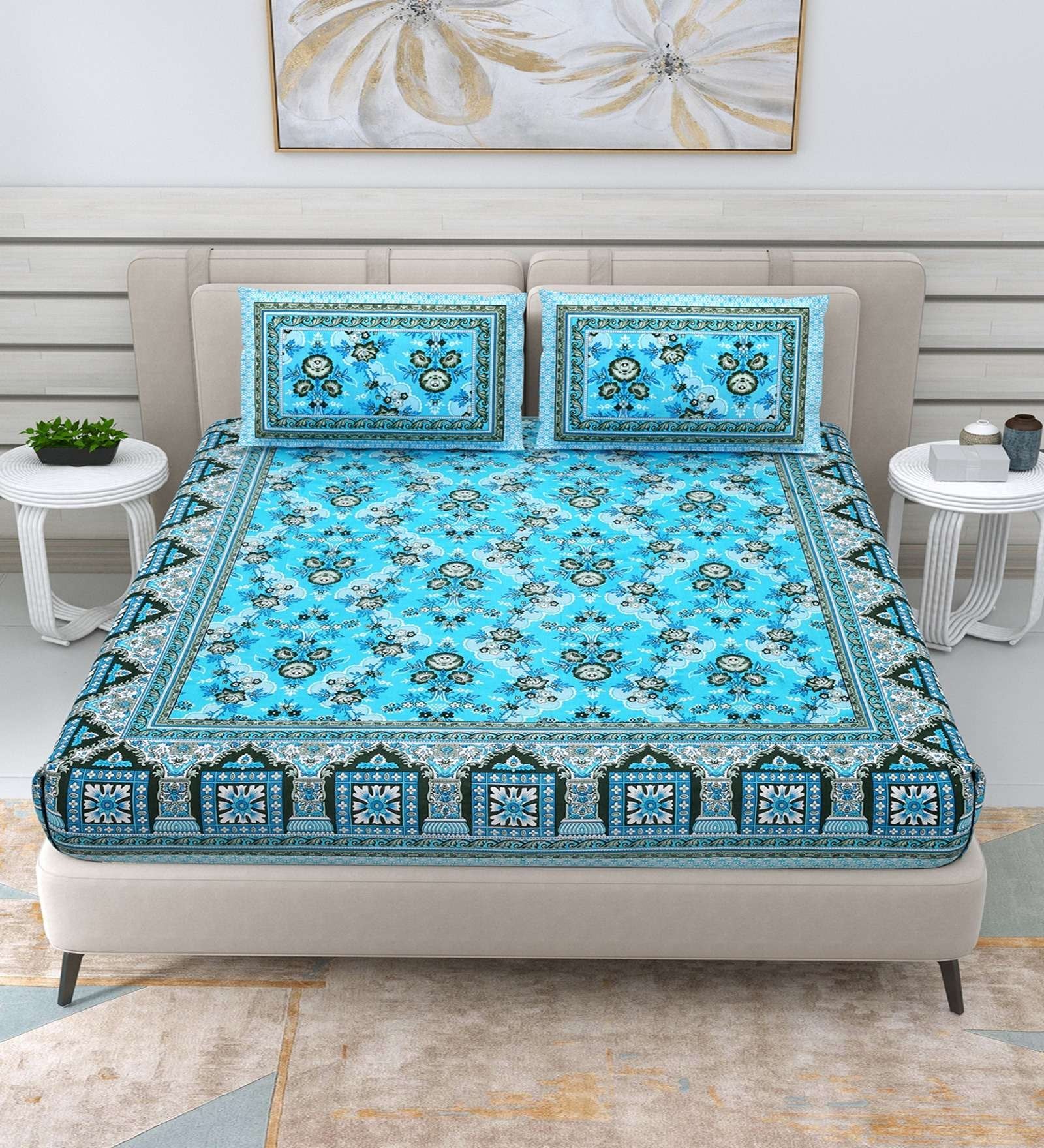 100% Pure Cotton Traditional Printed Bedsheet for Double Bed King Size Bedsheet with 2 Pillow Covers