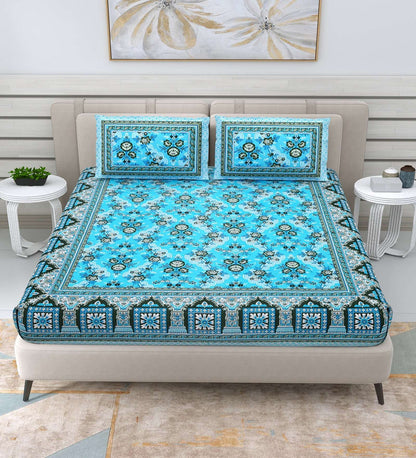 100% Pure Cotton Traditional Printed Bedsheet for Double Bed King Size Bedsheet with 2 Pillow Covers
